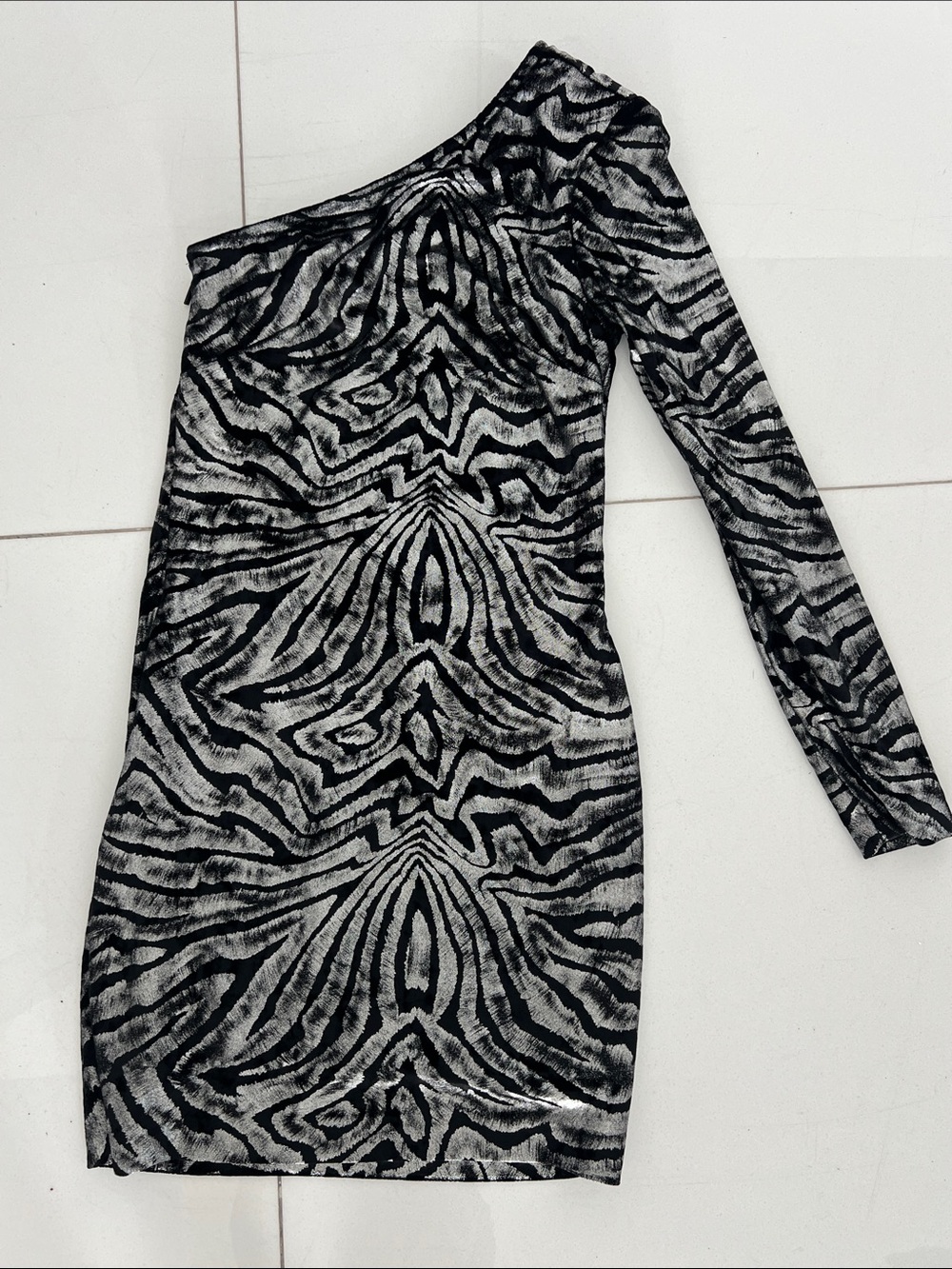 All Saints Sz 0 One-Shoulder Zebra-Print Mini Dress in Black and silver